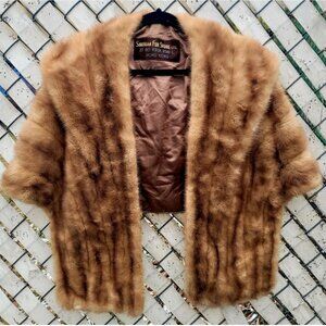 VTG 50s Siberian Real Fur Mink Shawl Pockets Emba Natural Brown Mob Wife Glam OS